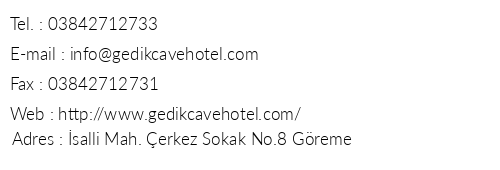 Gedik Cave Hotel telefon numaralar, faks, e-mail, posta adresi ve iletiim bilgileri
